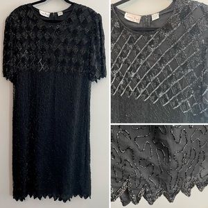 Vintage 80s LAURENCE KAZAR Beaded Silk Dress - Black, Size 1X
